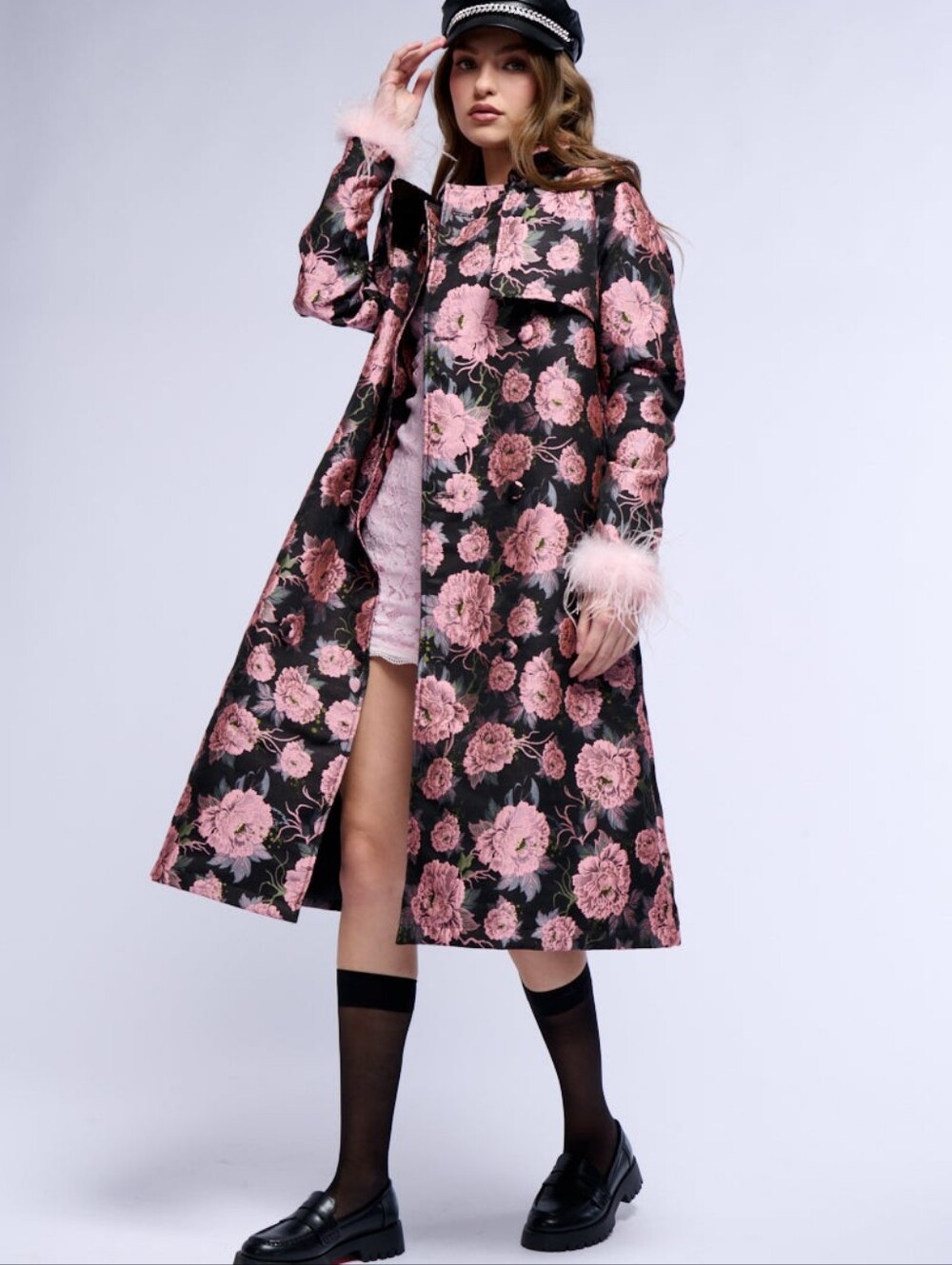 Akira Momma Is Always Right Floral Trench With Feathers Black & Pink 1x